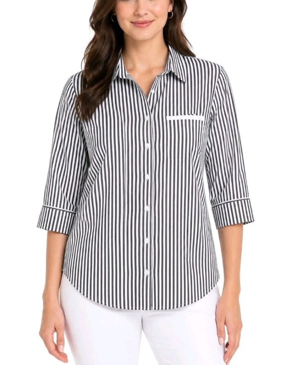 Lafayette 148~Woman Sz L~White/Gray Striped Button-Up Shirt Cotton Blnd. Classic